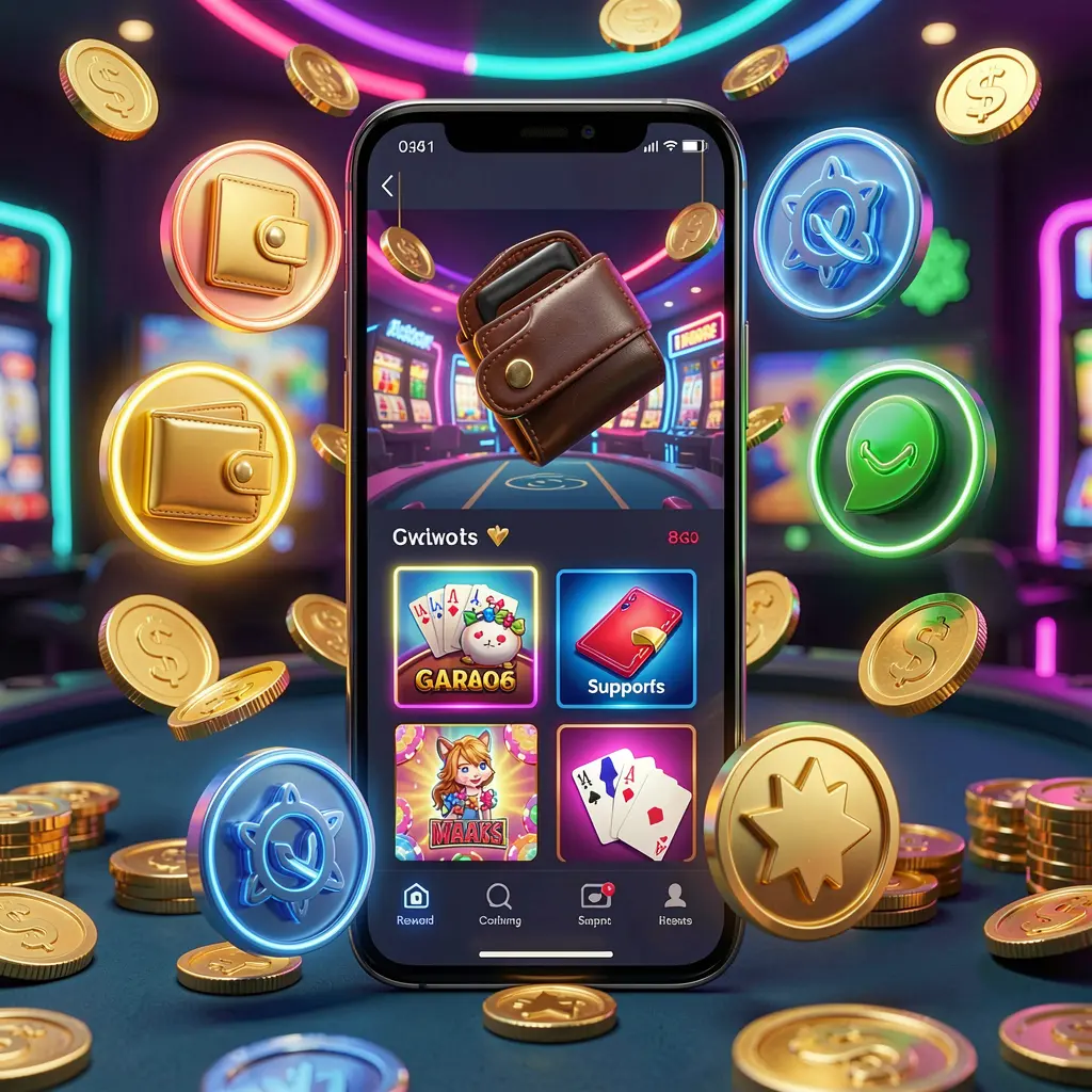 TUNAJL online casino app interface displayed on a smartphone surrounded by icons for wallet, games, support, and rewards, with golden coins and neon lights in a luxury 3D render style