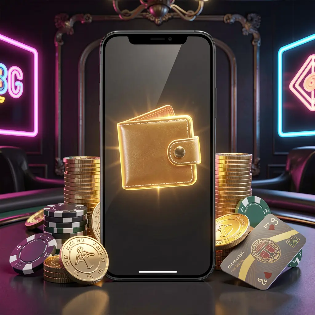 TUNAJL online casino deposit bonus concept with a smartphone screen displaying a glowing wallet icon surrounded by stacks of golden coins, poker chips, and bank cards on a dark luxury background with neon highlights