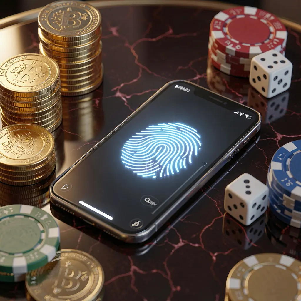 TUNAJL online gaming account access scene showing a smartphone with a glowing fingerprint icon surrounded by golden coins, dice, and poker chips on a glossy table under cinematic lighting