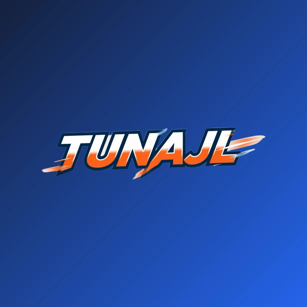 Powerful TUNAJL sports logo featuring bold italic lettering in bright orange, blue, and white with speed lines and energetic motion effects on a transparent background, designed as a wide horizontal rectangular wordmark for a website header
