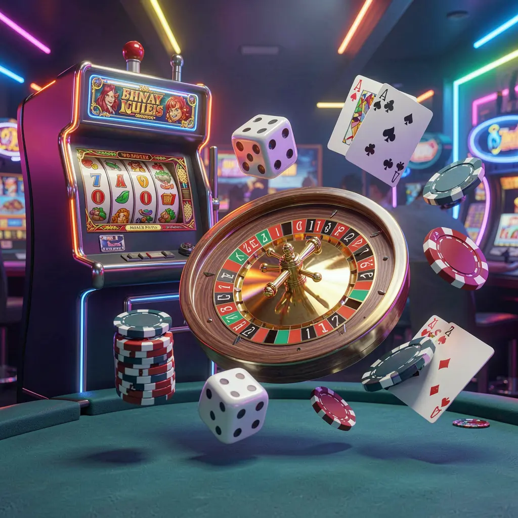 TUNAJL casino games collection homepage visual featuring a slot machine, roulette wheel, dice, playing cards, and poker chips floating together with colorful neon lights in a premium 3D render